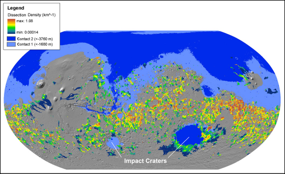 This is a global map depicting the dissection density of valley networks on Mars, in relation to the hypothesized northern ocean. Credit: NIU, LPI This is a global map depicting the dissection density of valley networks on Mars, in relation to the hypothesized northern ocean. Credit: NIU, LPI