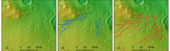 A zoomed-in area comparing the old map of valley networks and the new one. (Left) A satellite image, with color indicating elevation; (center) the old map of valley networks; (right) the new map of valley networks.  Credit: Wei Luo, Northern Illinois University