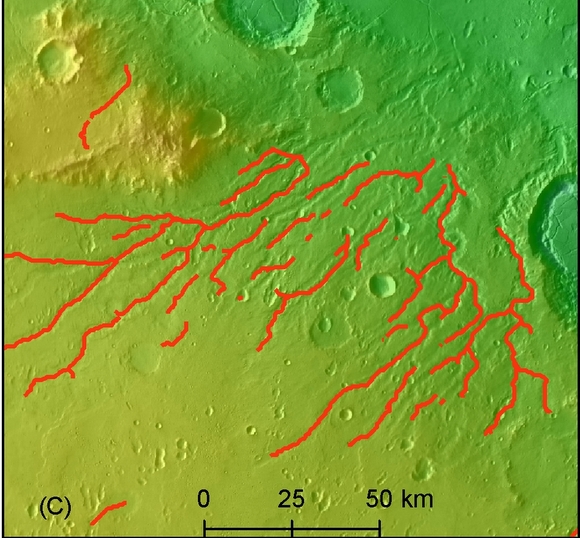 An enhanced network of river valleys on Mars.  Credit: NIU, LPI