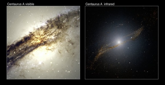 A comparison of Centaurus A in the visible and near-infrared spectra. Image Credit:ESO A comparison of Centaurus A in the visible and near-infrared spectra. Image Credit:ESO