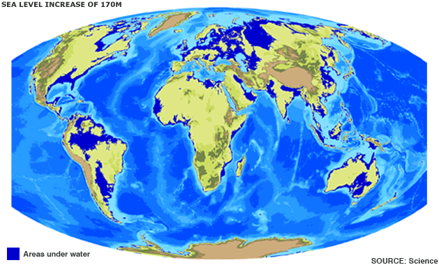 Projected changes in coastlines with 170 metre sea level rise