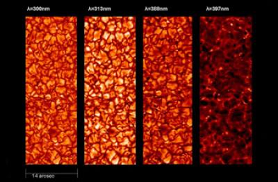 Grainy sun: the images show the so-called granulation in four different wavelengths in near ultraviolet light. The image section depicts 1/20,000 of the entire surface. The smallest recognisable structures have an angular resolution equal to that of looking at a coin from a distance of 100 kilometres. The light structures are the foundational elements of the magnetic fields. Credit: Image: MPI for Solar System Research Grainy sun: the images show the so-called granulation in four different wavelengths in near ultraviolet light. The image section depicts 1/20,000 of the entire surface. The smallest recognisable structures have an angular resolution equal to that of looking at a coin from a distance of 100 kilometres. The light structures are the foundational elements of the magnetic fields. Credit: Image: MPI for Solar System Research