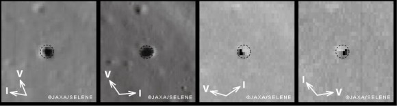 Four different views of the lava tube skylight at varying sun angles. Arrows indicate the direction of incident sunlight (I) and the viewing direction (V). Image credit: JAXA/SELENE