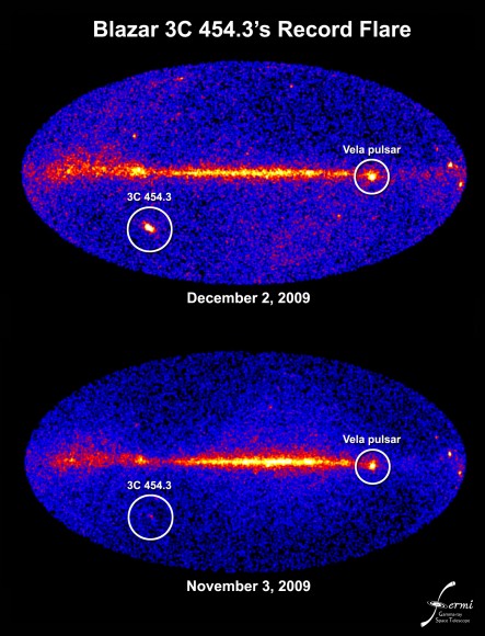 A comparison of the Fermi images from November 3rd and December 2rd of this year, showing the brightening of 3C 454.3. Image Credit: NASA/DOE/Fermi LAT Collaboration A comparison of the Fermi images from November 2nd and December 3rd of this year, showing the brightening of 3C 454.3. Image Credit: NASA