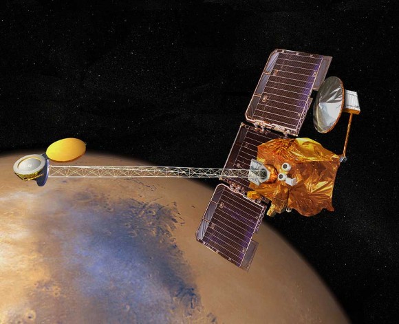 An artist's impression of the Odyssey orbiter around Mars. . Image Credit: NASA