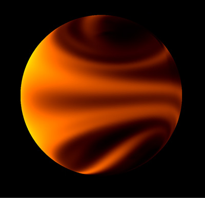 This image from a simulation of atmospheric flow shows temperature patterns on one of the newly discovered planets (61Virb), which is hot enough that it glows with its own thermal emission. A movie of the simulation is posted at the bottom of this story, showing global atmospheric flow for one full orbit of the planet around its star. Credit: J. Langton, Principia College. This image from a simulation of atmospheric flow shows temperature patterns on one of the newly discovered planets (61Virb), which is hot enough that it glows with its own thermal emission. A movie of the simulation is posted at the bottom of this story, showing global atmospheric flow for one full orbit of the planet around its star. Credit: J. Langton, Principia College.