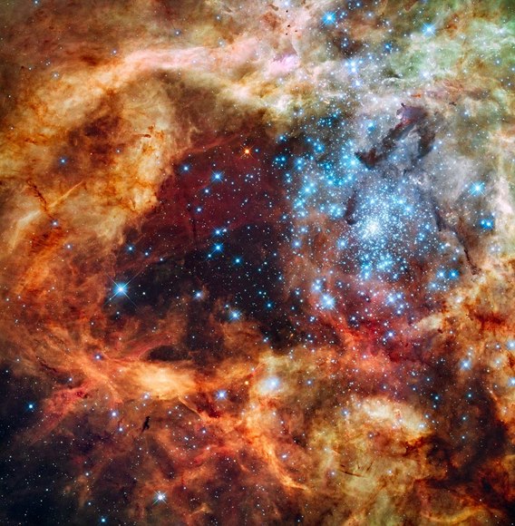 Hubble image of star-forming region R136 in the 30 Doradus Nebula.  Credit: NASA, ESA, and F. Paresce (INAF-IASF, Bologna, Italy), R. O'Connell (University of Virginia, Charlottesville), and the Wide Field Camera 3 Science Oversight Committee