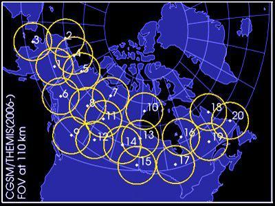 his is a locations and field of view map of the twenty all-sky imagers used in support of the THEMIS mission. Twenty all-sky imagers (ASIs) were deployed by researchers from the University of California Berkeley, the University of Calgary, and the University of Alaska in support of the THEMIS mission. Credit: THEMIS/UC Berkeley his is a locations and field of view map of the twenty all-sky imagers used in support of the THEMIS mission. Twenty all-sky imagers (ASIs) were deployed by researchers from the University of California Berkeley, the University of Calgary, and the University of Alaska in support of the THEMIS mission. Credit: THEMIS/UC Berkeley