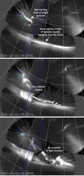 This three frame animation of THEMIS/ASI images shows auroras colliding on Feb. 29, 2008. Credit: Toshi Nishimura/UCLA This three frame animation of THEMIS/ASI images shows auroras colliding on Feb. 29, 2008. Credit: Toshi Nishimura/UCLA