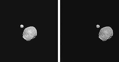 Phobos and Deimos together for the first time in high resolution. Credits: ESA/DLR/FU Berlin (G. Neukum) Phobos and Deimos together for the first time in high resolution. Credits: ESA/DLR/FU Berlin (G. Neukum)