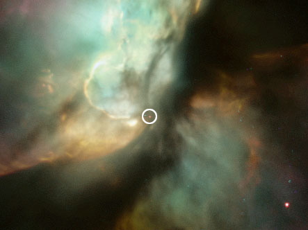 The star (circled) at the heart of the beautiful planetary nebula, the Bug Nebula, imaged for the first time. Image Credit: Anthony Holloway, JBCA
