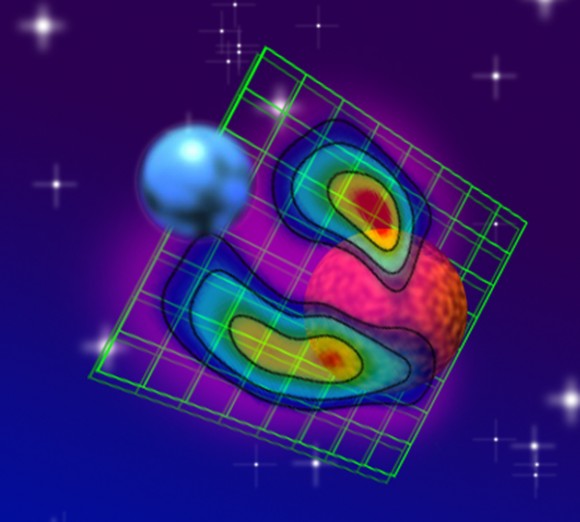 Superposed image of a partial radio loop on Algol's inner binary. The optical-radio registration is within 0.3 mas. Credit: University of Iowa