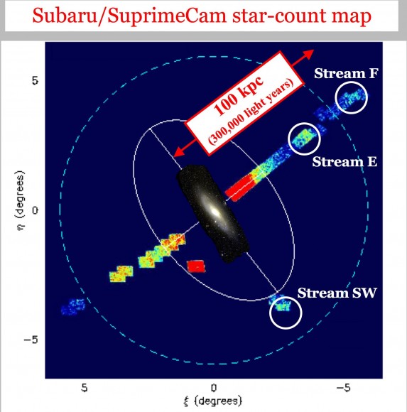 False-color map of the density of red giants in M31 (Star count map credit: Mikito Tanaka, Tohoku University)