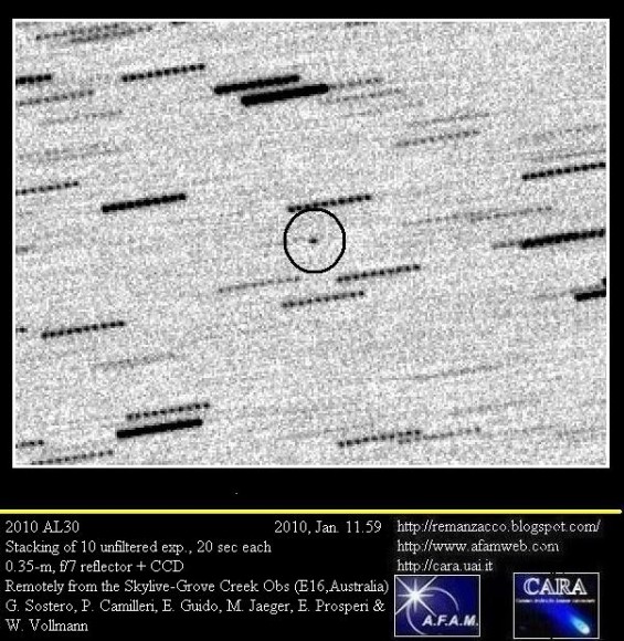 Asteroid or rocket booster? 2010 AL30 as imaged remotely from Australia on Jan. 11, 2010. Credit: Ernesto Guido & Giovanni Sostero