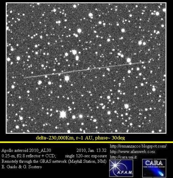 2010 AL30, on January 13, 2010. Credit: Ernesto Guido & Giovanni Sostero, Remanzacco Observatory.