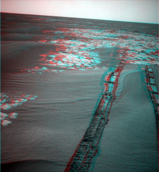 A 3-D view of Opportunity's view as she leaves Marquette Island, created by Stu Atkinson. Image credit: NASA/JPL/ U of Arizona