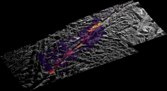 In this unique mosaic image combining high-resolution data from the imaging science subsystem and composite infrared spectrometer aboard NASA's Cassini spacecraft, pockets of heat appear along one of the mysterious fractures in the south polar region of Saturn's moon Enceladus. Image credit: NASA/JPL/GSFC/SWRI/SSI