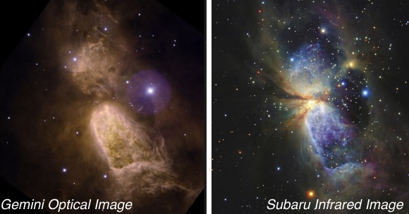 Sharpless 2-106 (Gemini Observatory/AURA, right; left: copyright Subaru Telescope, National Astronomical Observatory of Japan; All rights reserved)