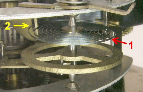 Balance wheel in a cheap 1950s alarm clock, the Apollo, by Lux Mfg. Co. showing the balance spring (1) and regulator (2). Credit: Wikipedia/public domain.