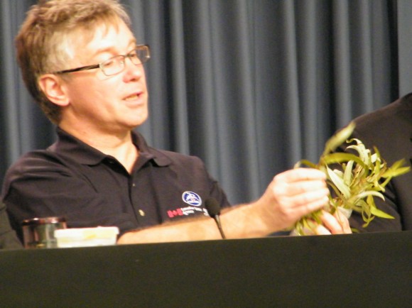 Perry Johnson-Green with the Canadian space agency displays the type of Willow trees grown in the ISS. Image: Nancy Atkinson