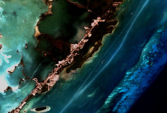 A Landsat-7 image of a coral reef near Key Largo, Florida