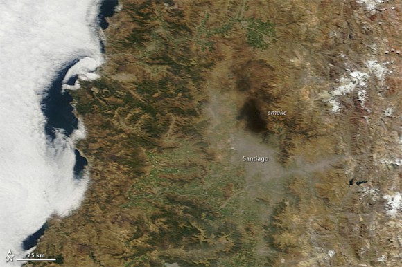 Smoke and haze linger over Santiago, Chile after the magnitude 8.8 earthquake on Feb. 27, 2010. Credit: NASA