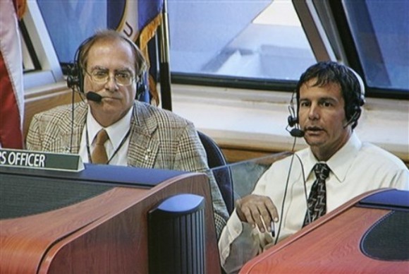 George Diller, Public Affairs Officer at KSC, left, with NASA launch director Doug Lyons during a shuttle launch in 2007. Credit: AP