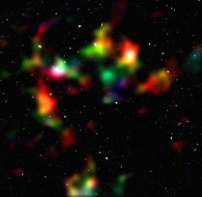 This image shows a smoothed reconstruction of the total (mostly dark) matter distribution in the COSMOS field, created from data taken by the NASA/ESA Hubble Space Telescope and ground-based telescopes.Credit: NASA, ESA, P. Simon (University of Bonn) and T. Schrabback (Leiden Observatory)