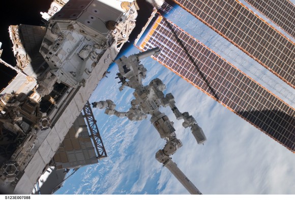 Dextre, a large robotic manipulator to help with outside maintenence of the ISS was added in October of 2007. Credit: NASA