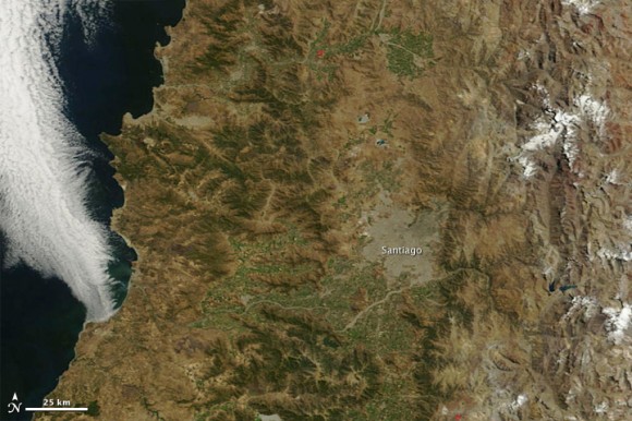 The region around Santiago, Chile on Feb. 23, 2010, before the quake. Credit: NASA