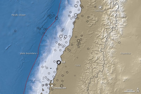 A map showing topography, water depth and earthquake magnitudes. Credit: NASA