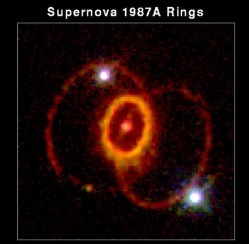 This Hubble Space Telescope picture shows three rings of glowing gas encircling the site of Supernova 1987A, a star which exploded in February 1987. Credit: Dr. Christopher Burrows, ESA/STScI and NASA