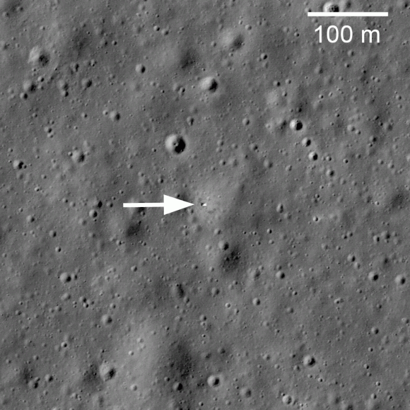 Lunokhod 1 Rover in its final parking spot, as see by LRO. Credit: NASA/GSFC/Arizona State University.