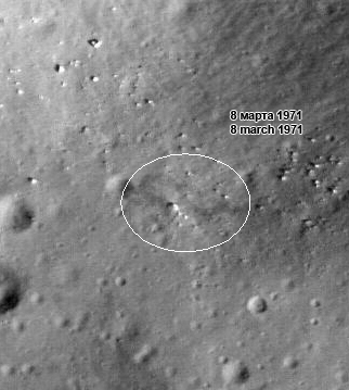 "This image shows a zoomed in portion of NASA LROC M114185541RC image with dark strips forming a figure 8. It was done by the Lunokhod maneuvering on March 8, 1971 to celebrate the International Woman Day." – from the Laboratory of Comparative Planetology