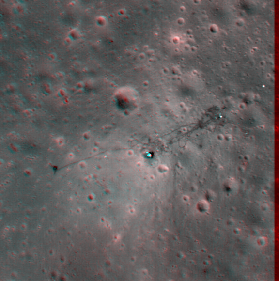 Apollo 15 landing site in 3-D. Image by LRO, Analglyph by Nathanial Burton Bradford. Click for larger version.