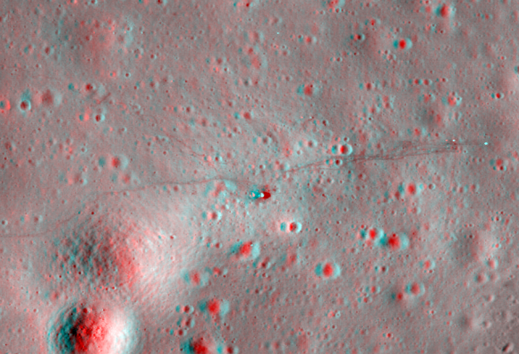 Apollo 14 landing site in 3-D. Image: LRO, Anaglyph by Nathanial Burton-Bradford. Click for larger version.