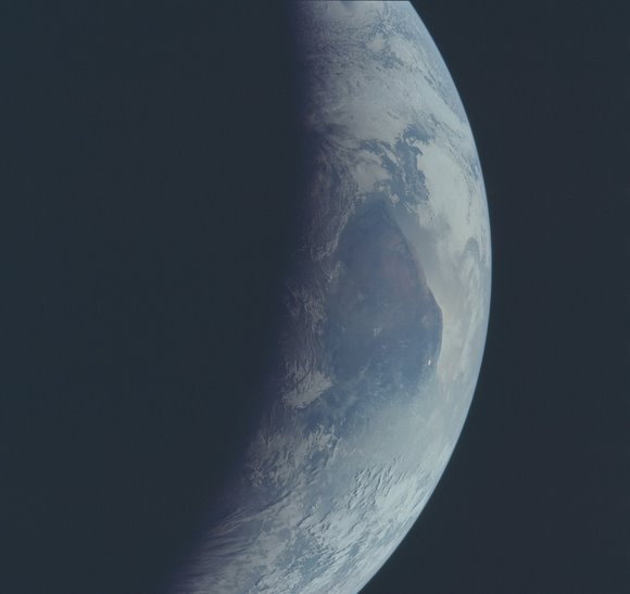Earth's Terminator, showing darkness and daylight, July 1969, as seen from NASA's Apollo 11 Spacecraft.