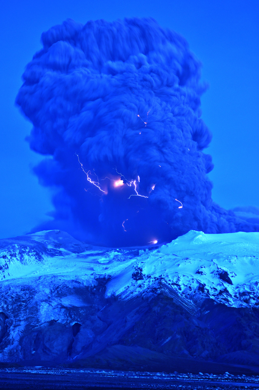 Lightning visible in the plume of the Eyjafjallajokull volcano in Iceland on April 17, 2010. Image courtesy and copyright of Snaevarr Gudmundsson.