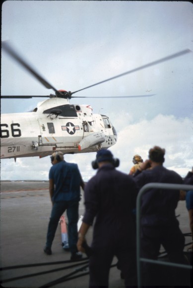 Rescue helicopter prepares to touch down on deck of USS Iwo Jima with Apollo 13 astronauts aboard, April 17, 1970. Image courtesy Robert Gillette.