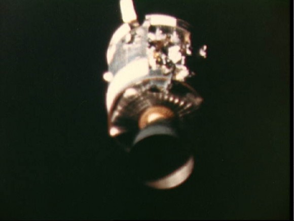 This view of the damaged Apollo 13 Service Module (SM) was photographed by a maurer 16mm motion picture camera from the Lunar Module/Command Module following SM jettisoning. Credit: NASA