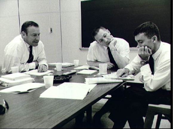 The crew of Apollo 13, Jim Lovell, Jack Swigert and Fred Haise, during a post-flight debrief. Credit: NASA
