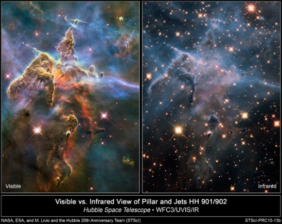 These two images of a three-light-year-high pillar of star birth demonstrate how observations taken in visible and infrared light by NASA's Hubble Space Telescope reveal dramatically different and complementary views of an object. Credit: NASA, ESA, and M. Livio and the Hubble 20th Anniversary Team (STScI) › Larger image