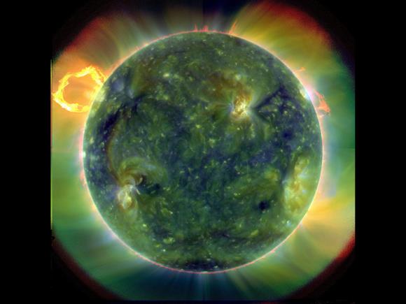A full-disk multiwavelength extreme ultraviolet image of the sun taken by SDO on March 30, 2010. False colors trace different gas temperatures. Reds are relatively cool (about 60,000 Kelvin, or 107,540 F); blues and greens are hotter (greater than 1 million Kelvin, or 1,799,540 F). Credit: NASA