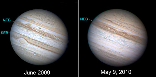 Dramatic changes in Jupiter from less than a year ago. The South Equatorial Belt (SEB) has faded away leaving just the north belt (NEB) viewable in small telescopes. Credit: Anthony Wesley, caption via Bob King