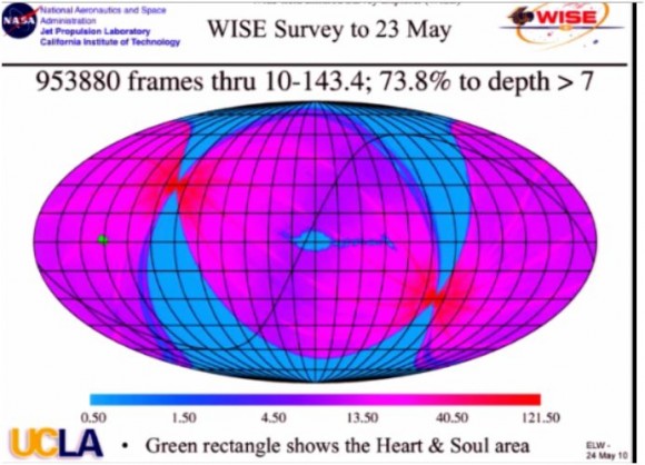 Screen shot from Wright's presentation at the AAS meeting showing how much of the sky WISE has covered. The small green box shows the area of the Heart and Soul nebulae.