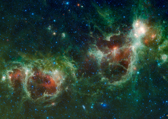 The Heart and Soul nebulae are seen in this infrared mosaic from NASA's Wide-field Infrared Survey Explorer, or WISE. Image credit: NASA/JPL-Caltech/UCLA