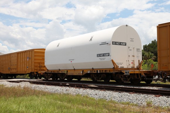 Railway cars carrying the final SRB segments arrived at Kennedy Space Center on May 27. 2010. Credit: Alan Walters (awaltersphoto.com) for Universe Today.