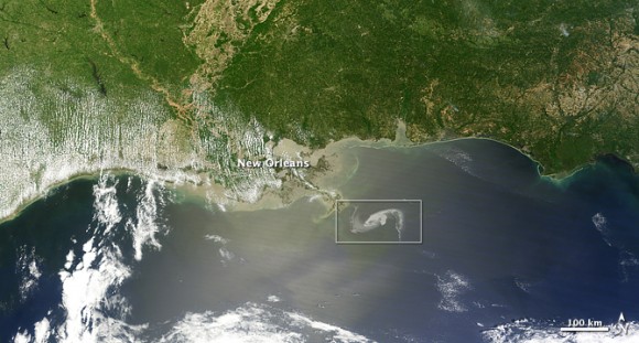 A wide angle view of the oil slick on April 29, 2010. Credit: NASA/Earth Observatory/Jesse Allen, using data provided courtesy of the University of Wisconsin’s Space Science and Engineering Center MODIS Direct Broadcast system.