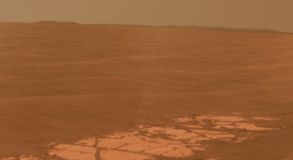 Opportunity's view of the far-off rim of Endeavour Crater. Credit: NASA/JPL-Caltech/Cornell University