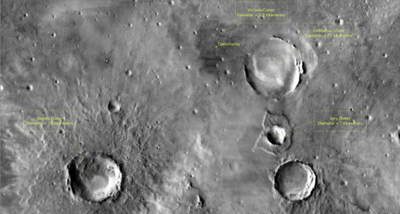 Orbital view of Opportunity's location from THEMIS. mage Credit: NASA/JPL-Caltech/Arizona State University